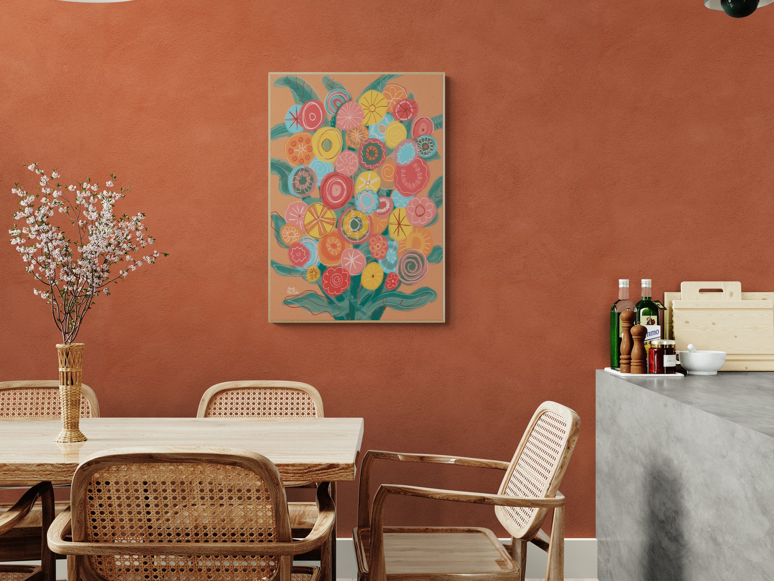 files/Bos-bloemen-poster-dining-area-next-to-kitchen-bench-terracotta.jpg