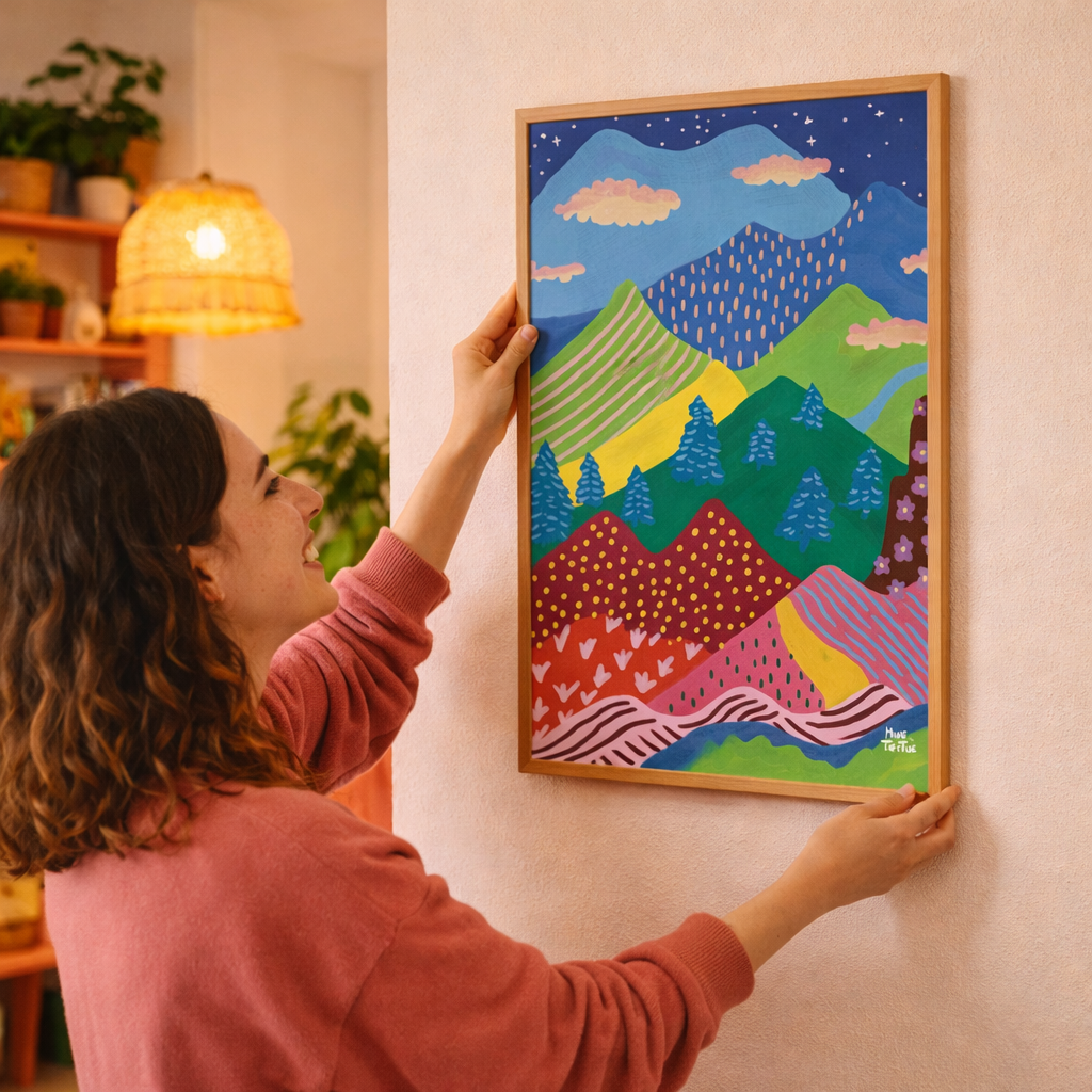 Vrouw hangt kleurrijke bergposter op aan muur in warm verlichte woonkamer