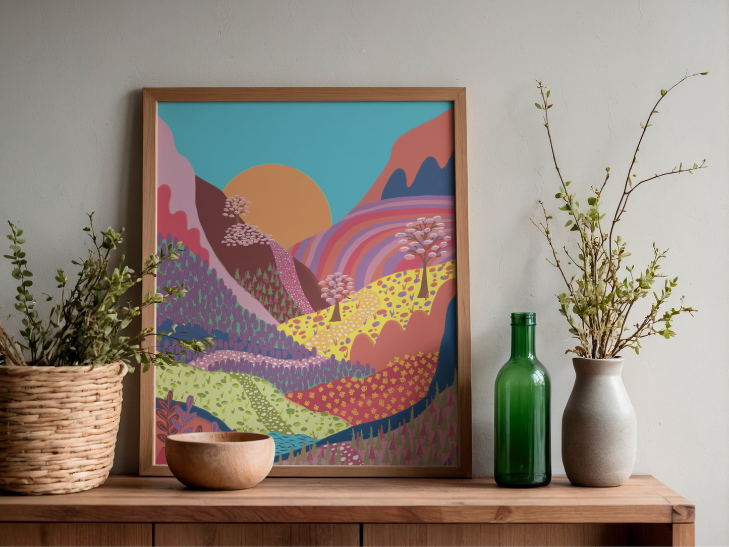 Poster 'Kleurrijk berglandschap bij zonsondergang'