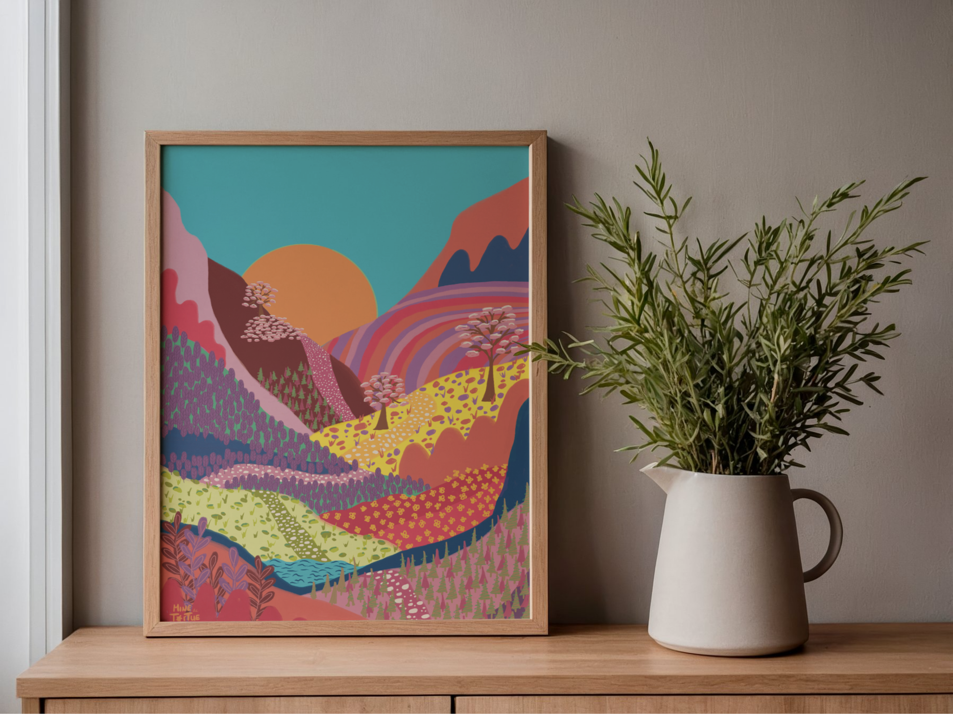 Poster Colourful Mountains by sunset with warm tones in oak frame on wooden shelf