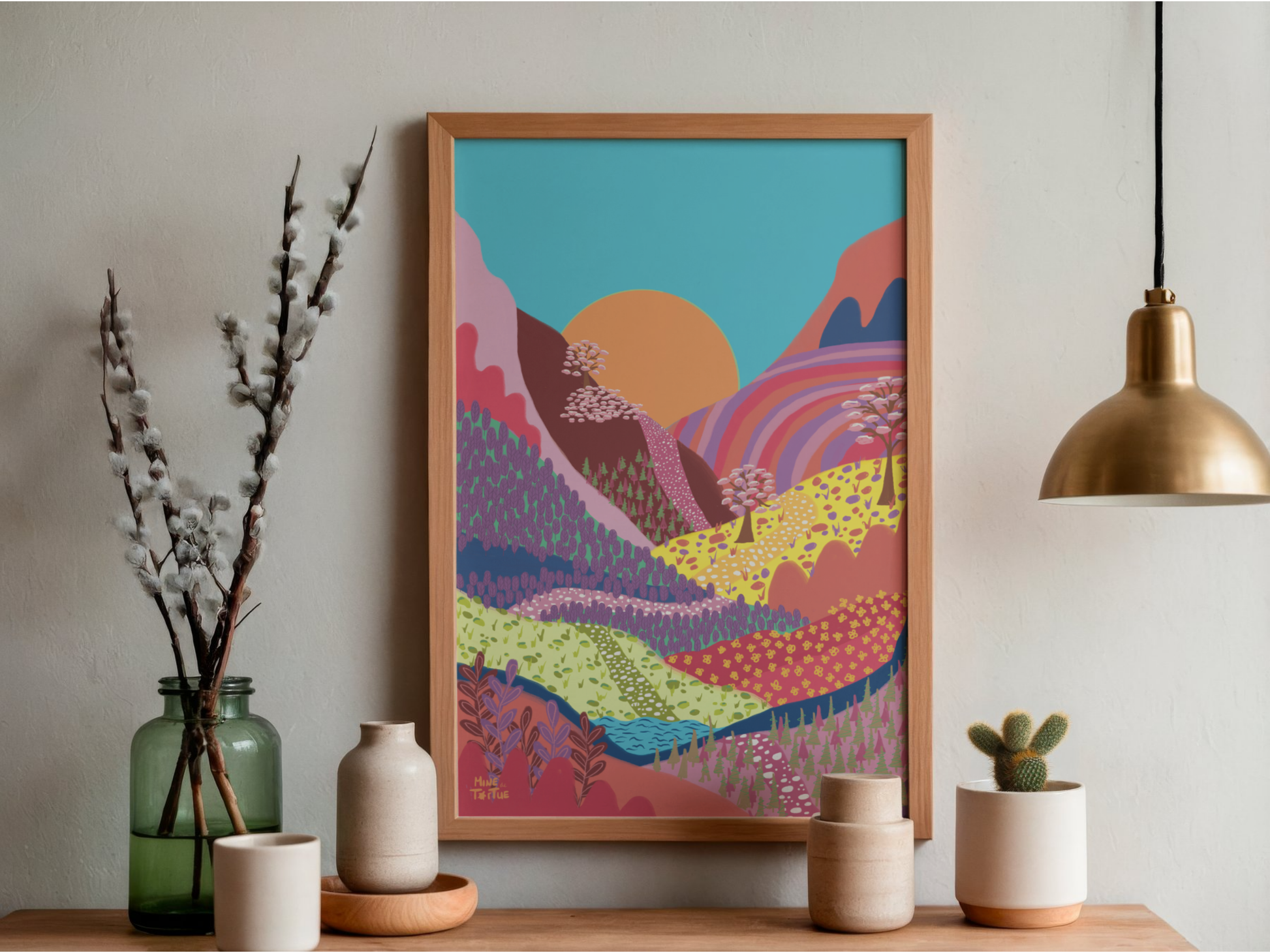 Poster Colourful Mountains by sunset with warm tones in oak frame above wooden cabinet