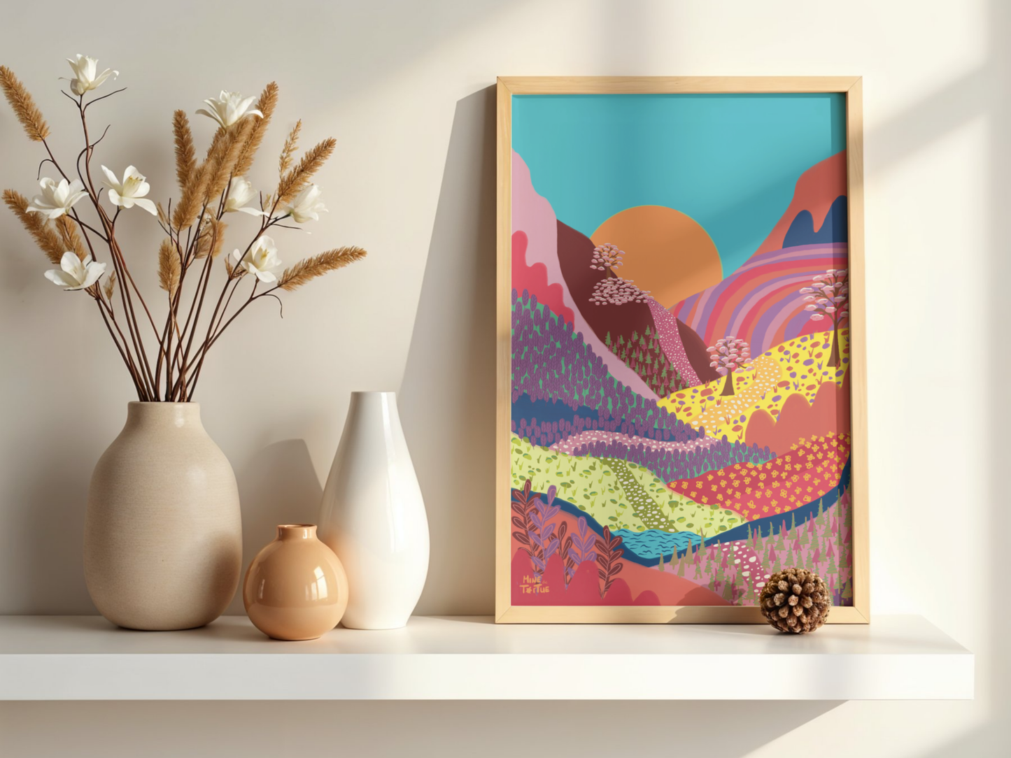 Poster Colourful Mountains by sunset with warm tones in oak frame on white shelf