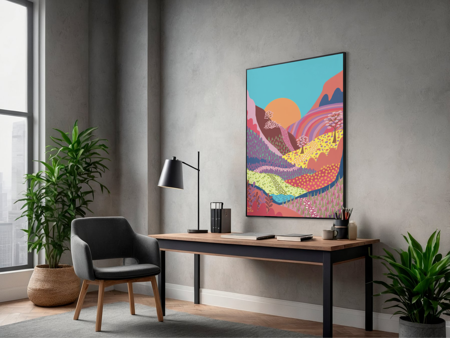 Poster Colourful Mountains by sunset with warm tones in black frame above office desk