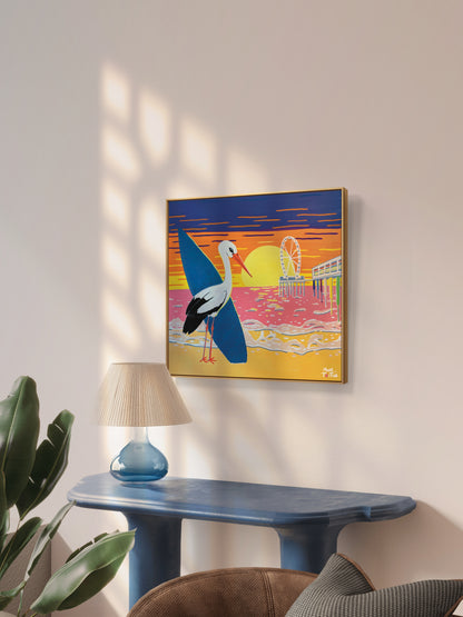 Canvasprint 'Surfende Ooievaar Scheveningen'