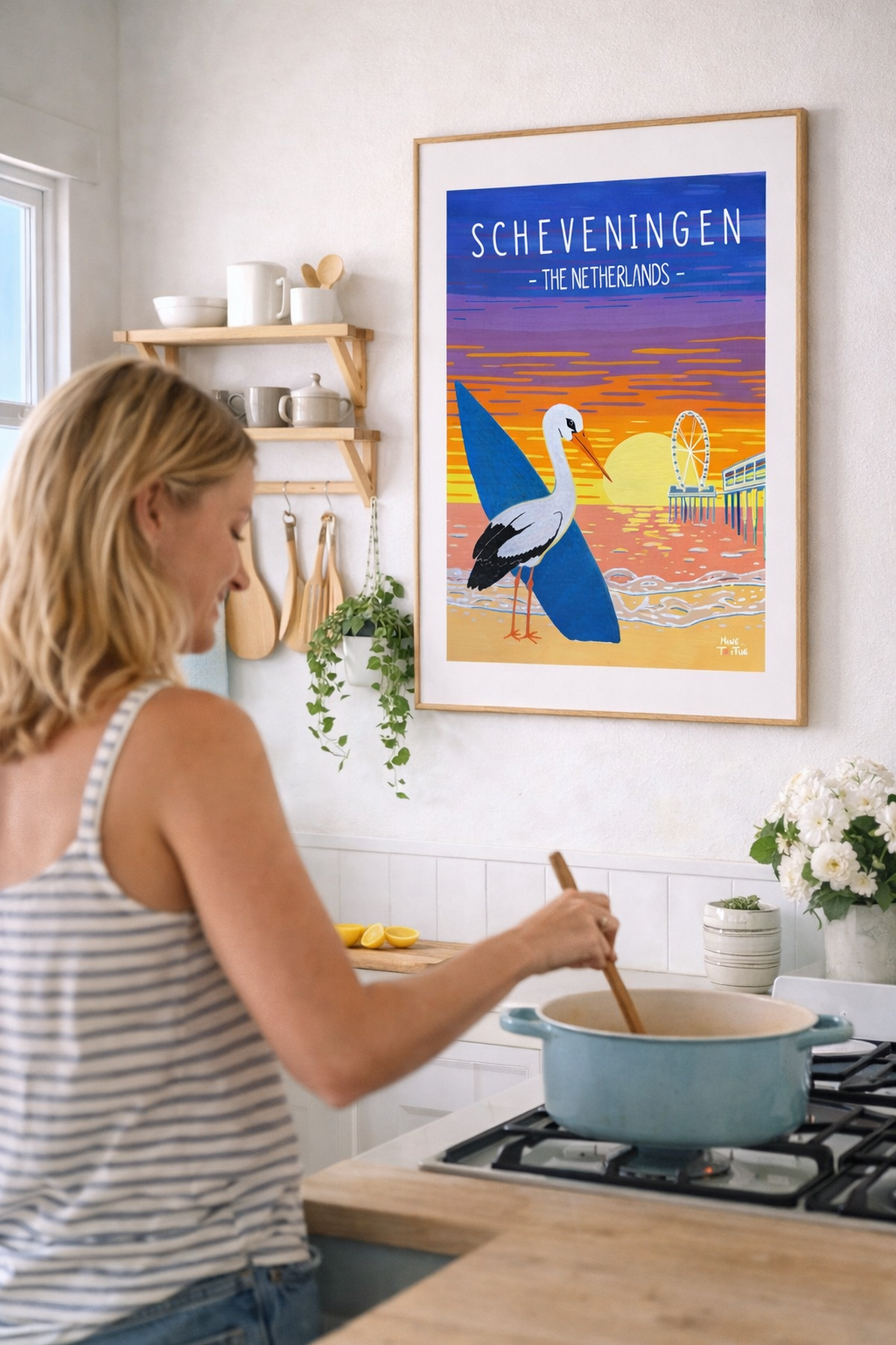 Poster 'Surfende Ooievaar Scheveningen'