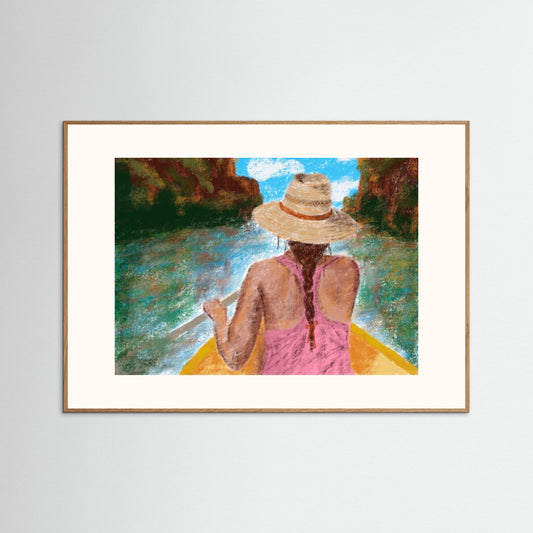 Poster ‘Canoe adventures’ - woman in pink top and hat in a cano in blue green water. Mine de Tortue